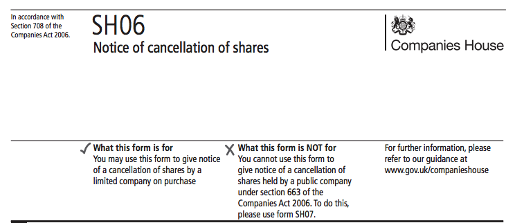 Notice of cancellation of shares for companies house